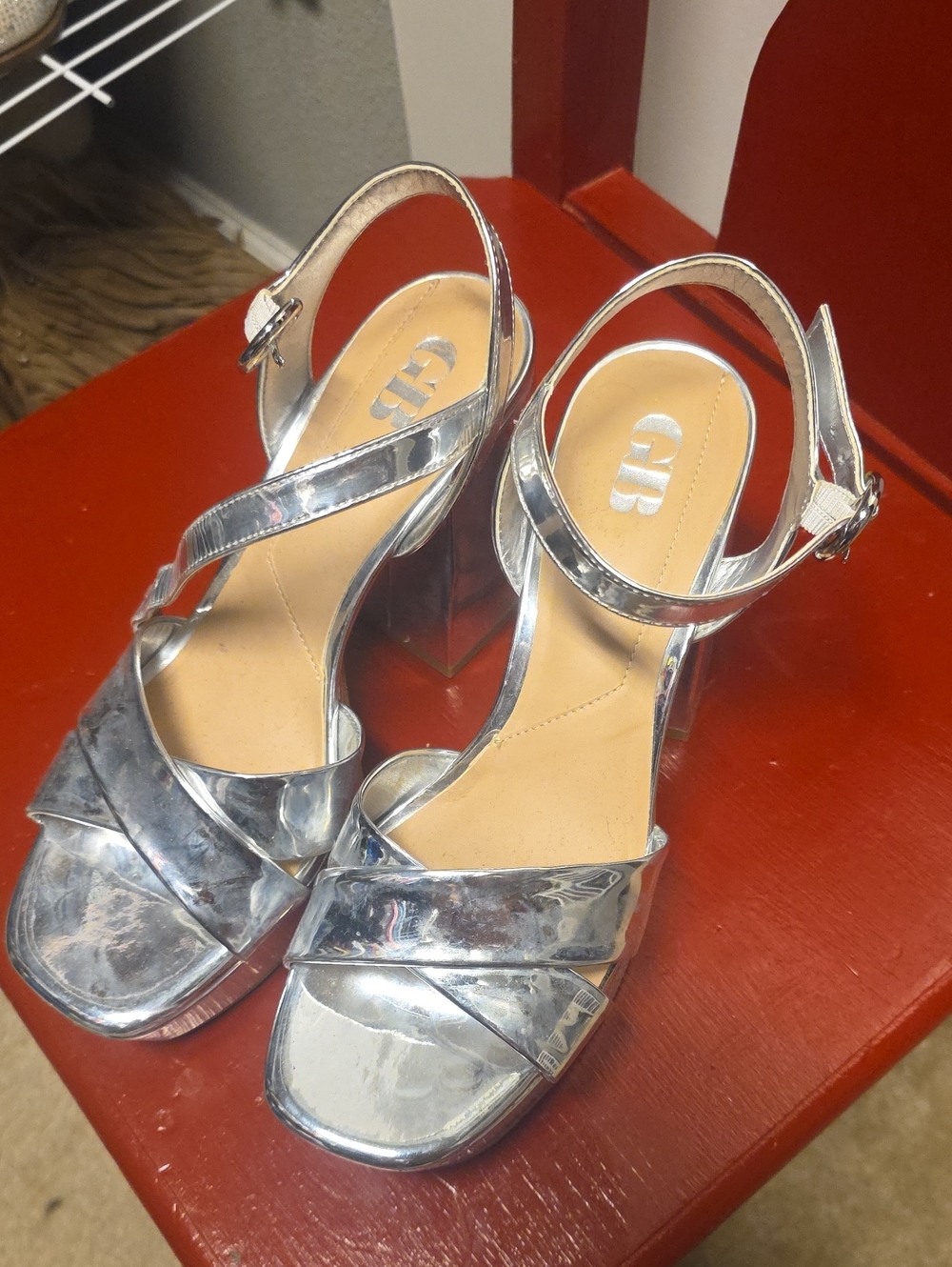 Gianni Bini Metallic Silver Strappy Block Heel Sandals